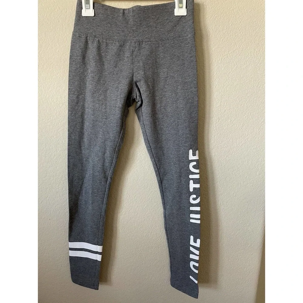 Justice Gray White Love Striped High Waist Full Length Leggings Size 10